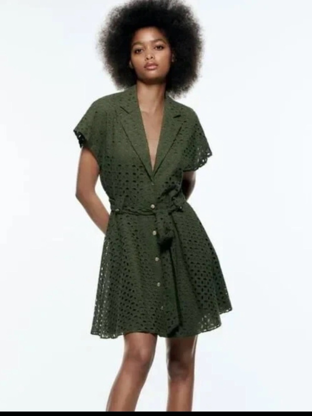 ZARA NWT Green Embroidered Eyelet Belted Shirt Mini Dress size L